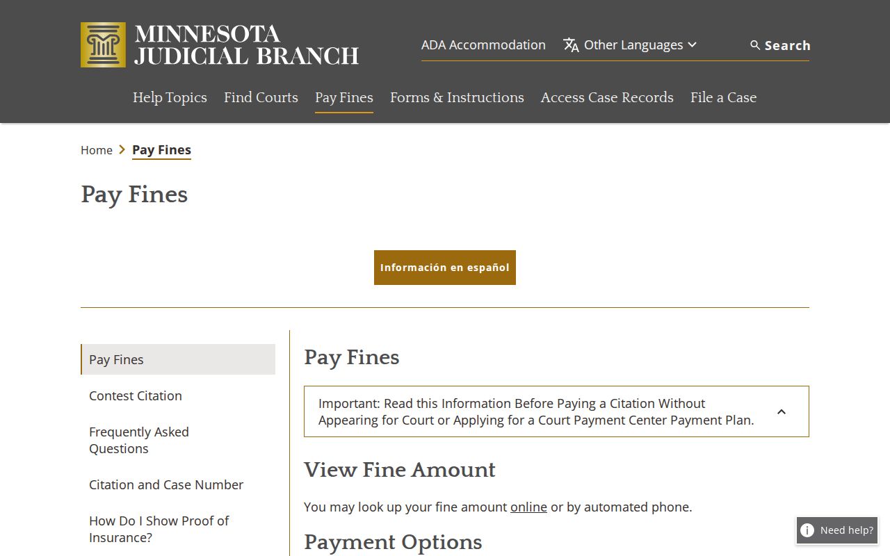 Minnesota Court Payment Center page for viewing a fine tied to an Otter Tail County traffic warrant