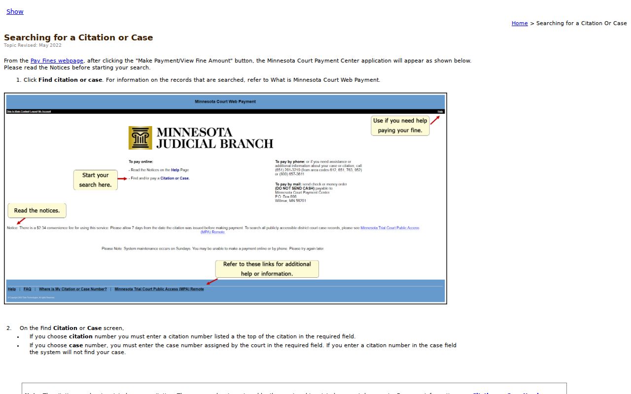 Minnesota court citation lookup instructions used to check an Otter Tail County traffic case