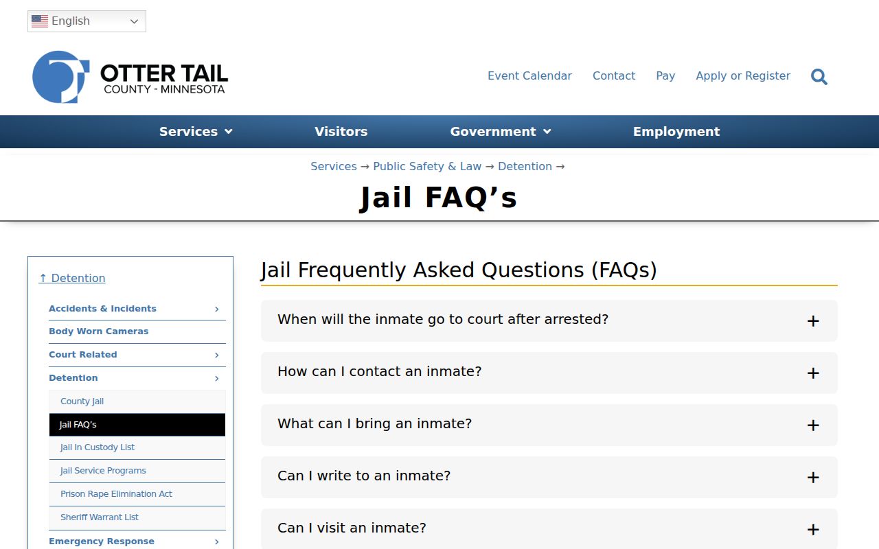 Otter Tail County jail FAQ section describing first appearance timing for a bench warrant arrest
