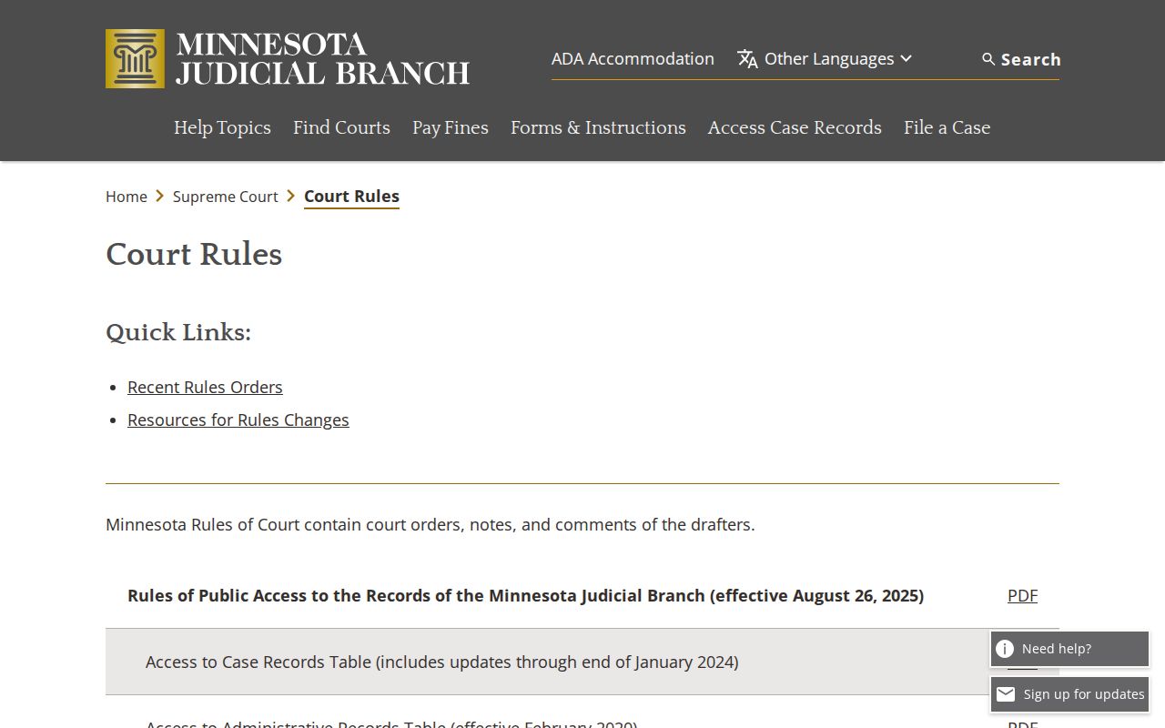 Minnesota court rules page listing public access rules that apply to Otter Tail County warrant records