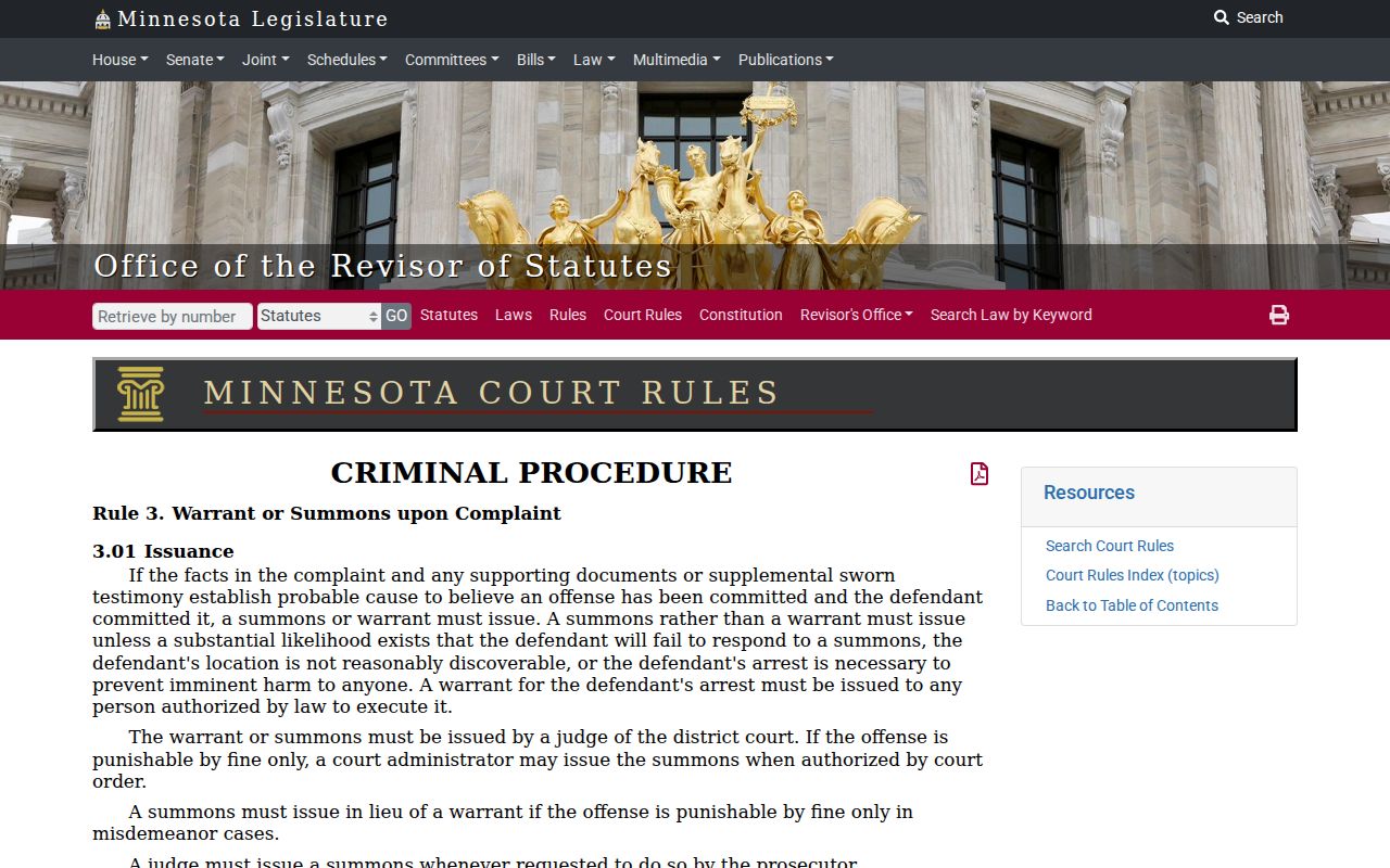 Minnesota criminal procedure rule 3 text on arrest warrant issuance in Otter Tail County