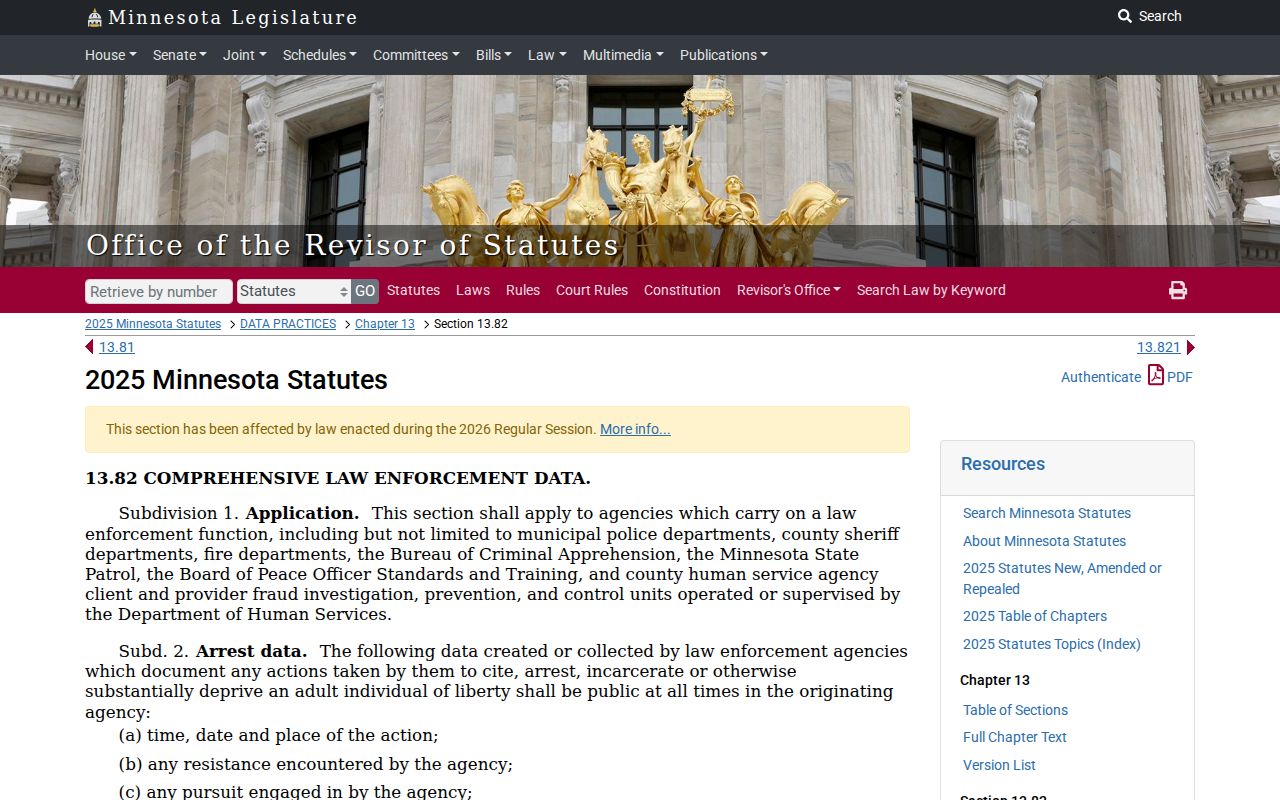 Minnesota statute text on confidential arrest warrant index data for Otter Tail County