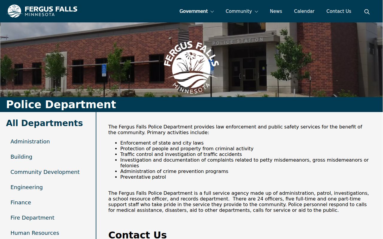 Fergus Falls Police Department page showing the citation link that routes city tickets to Minnesota courts