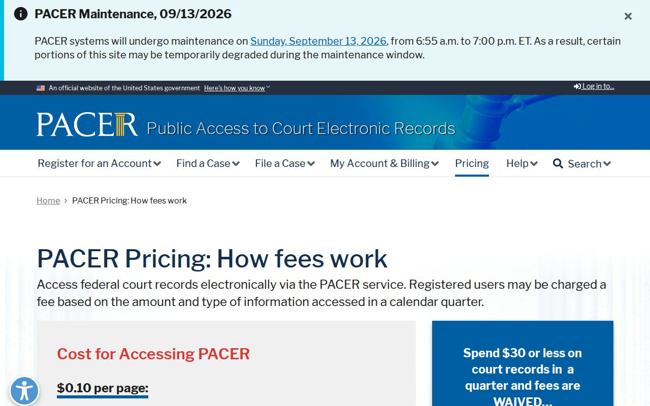 PACER pricing page for federal court records, which sit outside the Otter Tail County warrant system used in Fergus Falls
