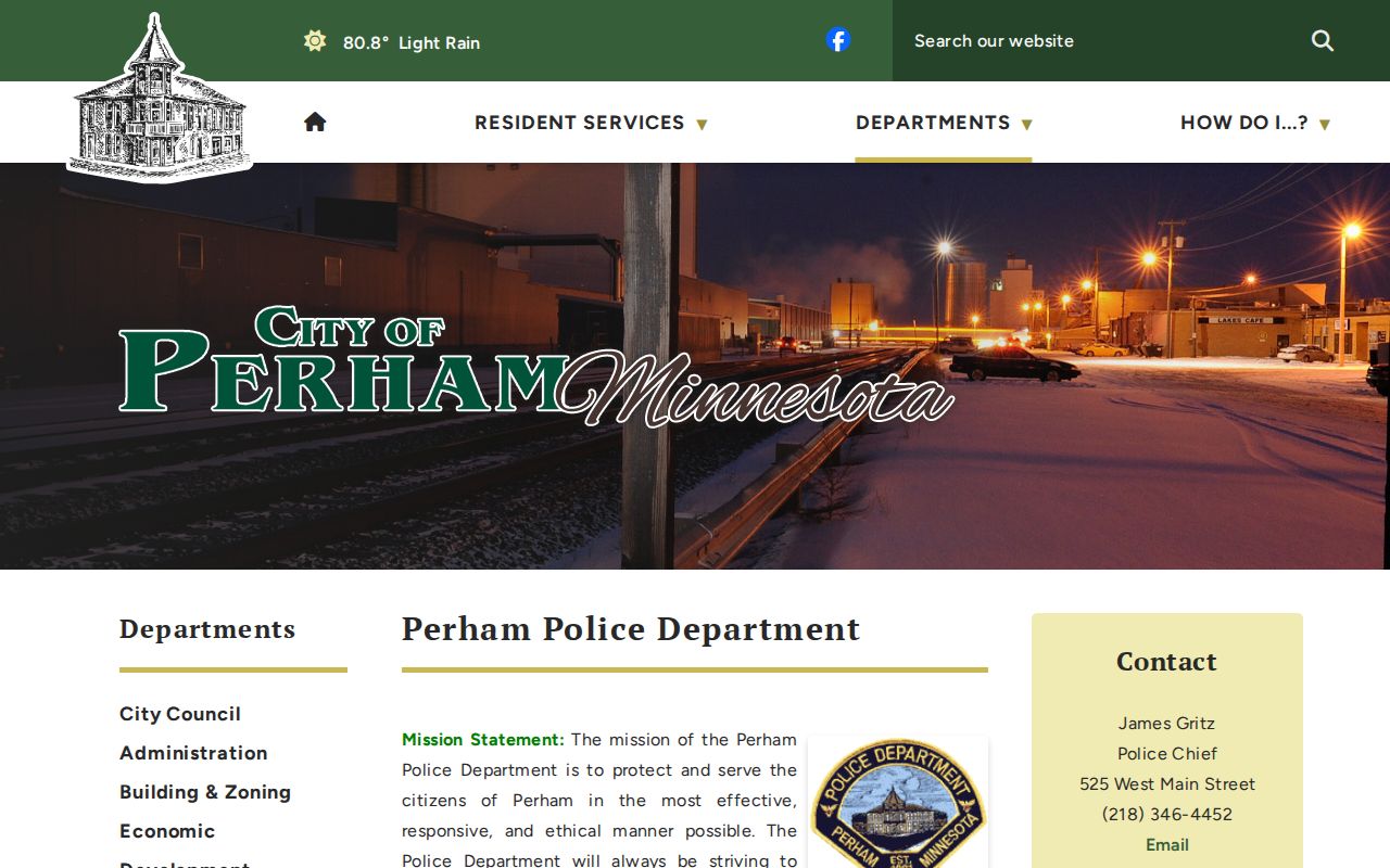Perham Police Department page showing the agency contact that handles Perham warrant questions at the local level