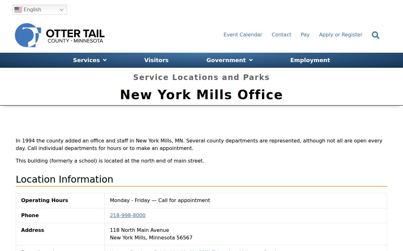 Otter Tail County New York Mills office building, a county service point near the New York Mills police listing