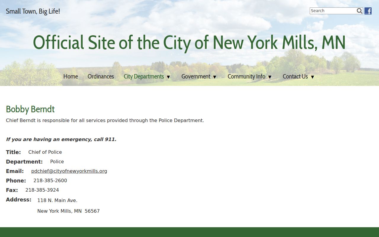 New York Mills police staff listing at 118 North Main Avenue, the local contact for New York Mills warrant questions