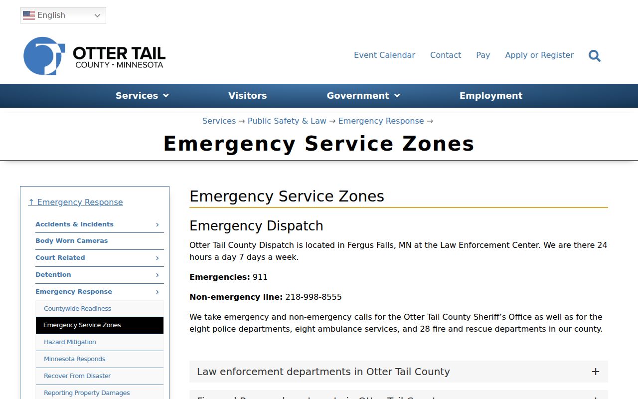 Otter Tail County dispatch page listing local police departments that issue city citations