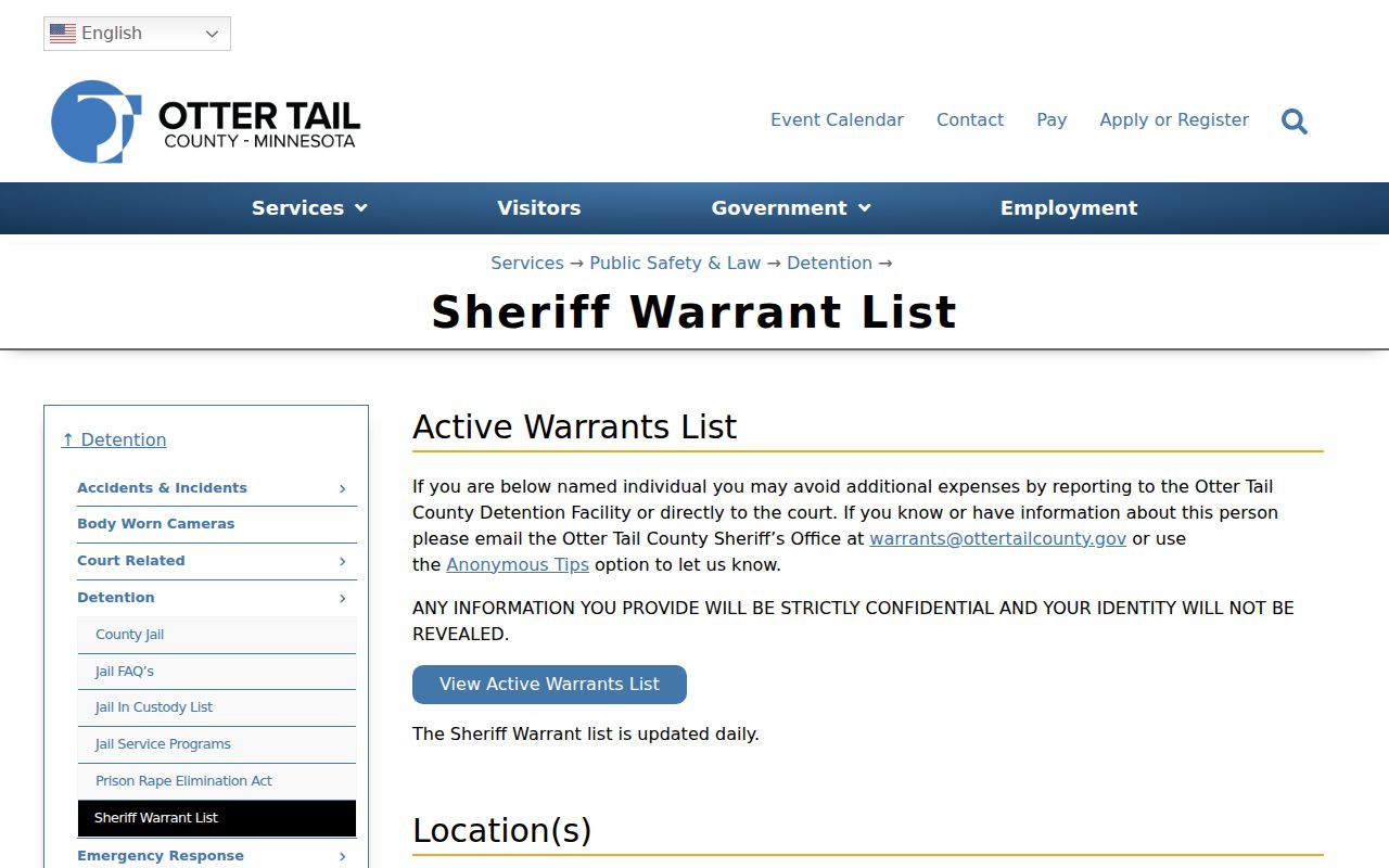 Otter Tail County Sheriff's Office active warrants list page showing the daily update statement