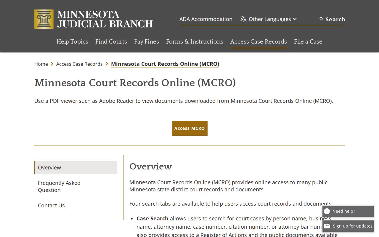 Minnesota Court Records Online tabs used for an Otter Tail County warrant search